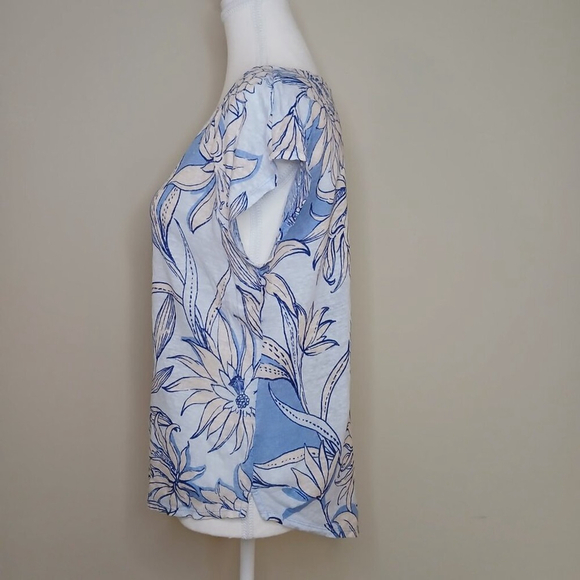 Halston Gardengirl 100% Linen Slub Floral T-Shirt Blue Size Large - Picture 2 of 4